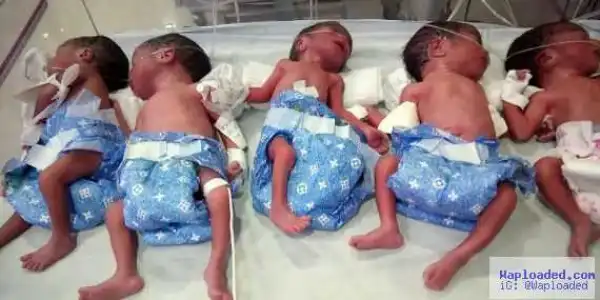 Photo: 25yr-old woman who thought was expecting one baby gives birth to quintuplets, all girls
